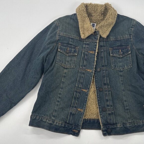 Gap Sherpa Denim Jacket Womens Medium Lined Blue Jean Trucker Cowgirl Distressed - Picture 1 of 16